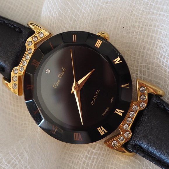 Pierre Nicol gold crystal lug faceted black leather watch - Picture 4 of 14